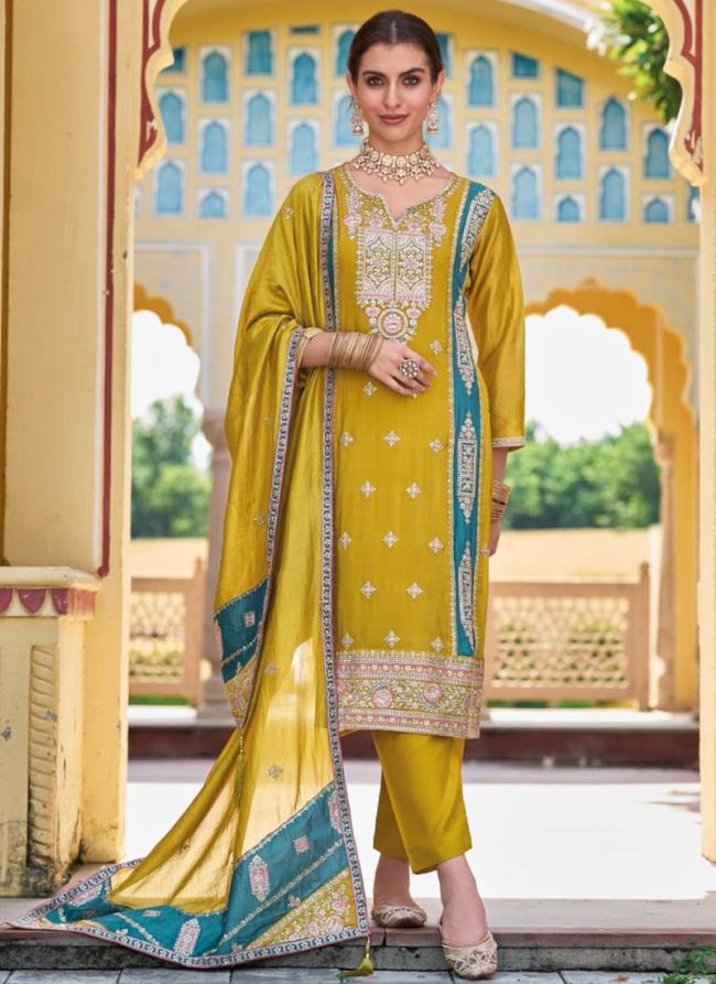 Yellow Premium Silk Festival Wear Embroidery Work Straight Suit