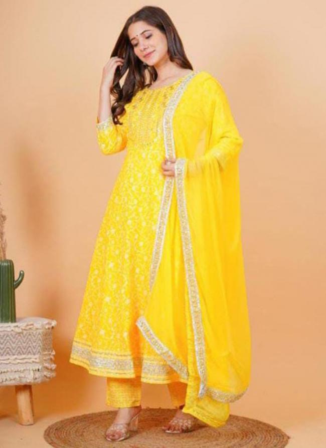 Yellow Rayon Traditional Wear Embroidery Work Readymade Suit