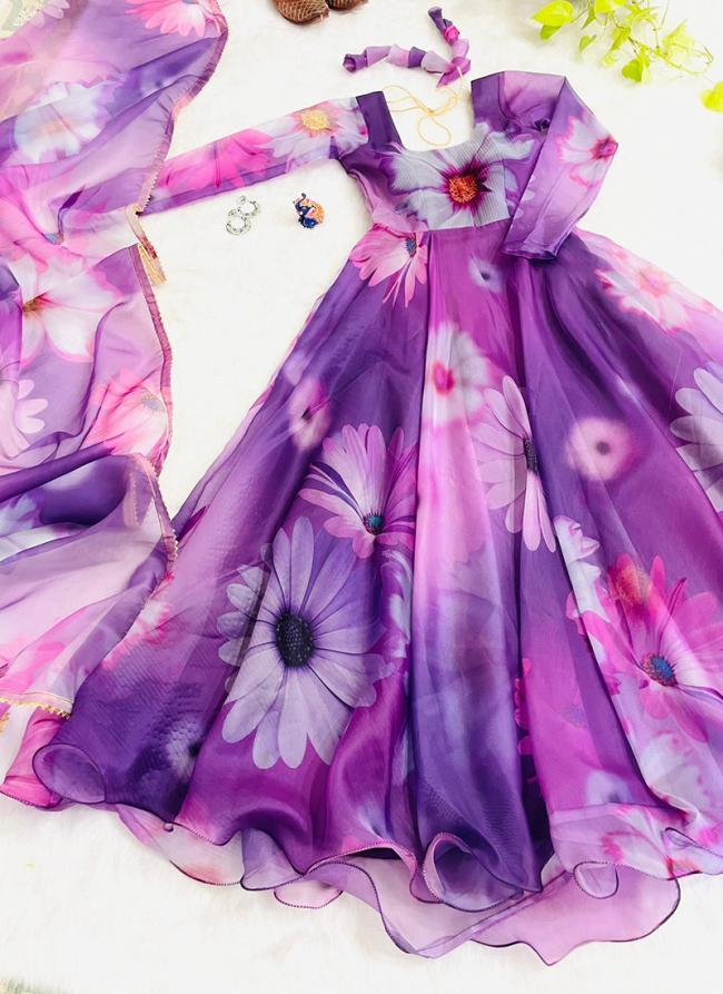 Purple Organza Taby Silk Festival Wear Digital Print Work Readymade Gown With Dupatta 