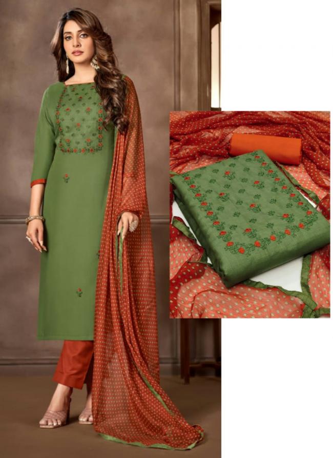 Green Cotton  Casual Wear Multi Work Dress Material