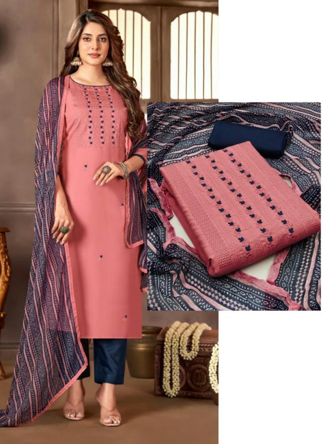 Pink Cotton  Casual Wear Multi Work Dress Material