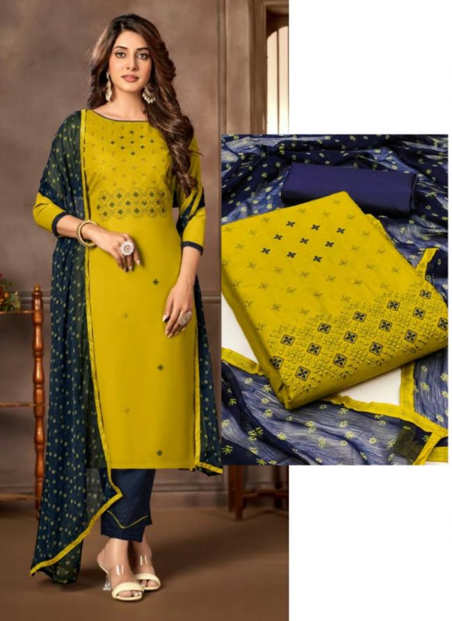 Yellow Cotton  Casual Wear Multi Work Dress Material