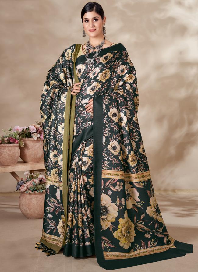 Dark Green Pasmina Wedding Wear Digital Printed Saree With Shawl