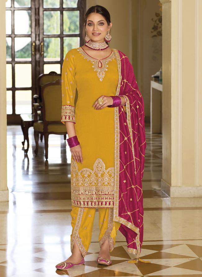 Yellow Silk Traditional wear Embroidery Work Straight Suit