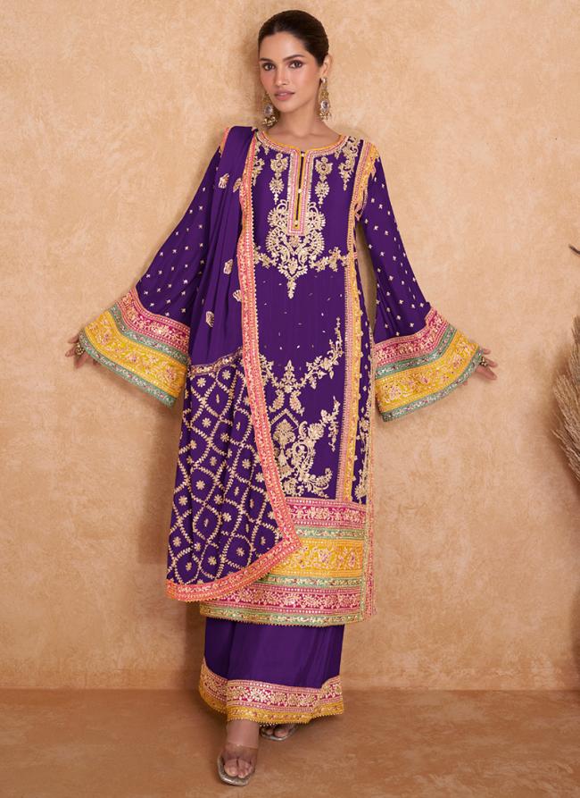 Purple Chinnon Eid Wear Embroidery Work Salwaar And Plazzo