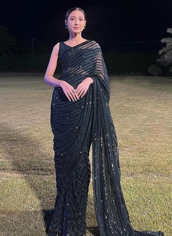 Dark Black Gerogette Party Wear Embroidery work Saree