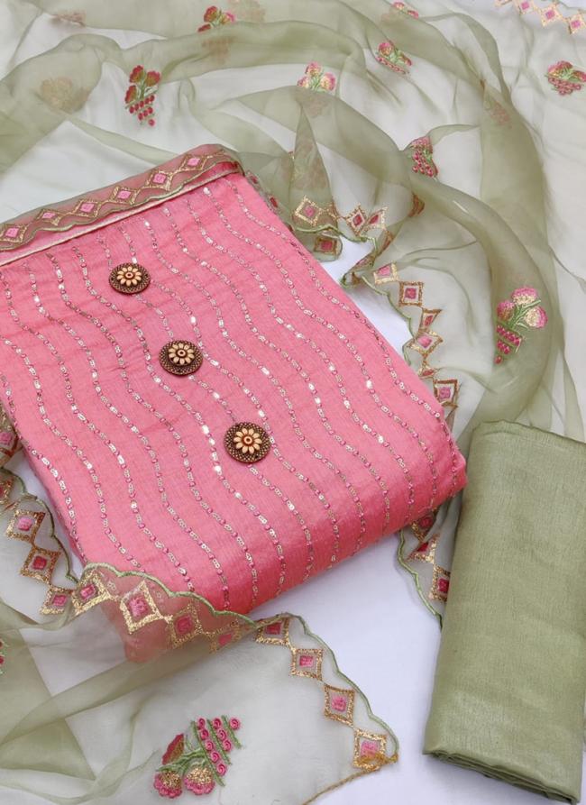 Light Pink Chanderi Silk  Festival Wear Sequins Work Dress Material