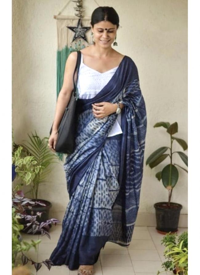 Light Blue Imported cotton Party Wear Digital printed Saree