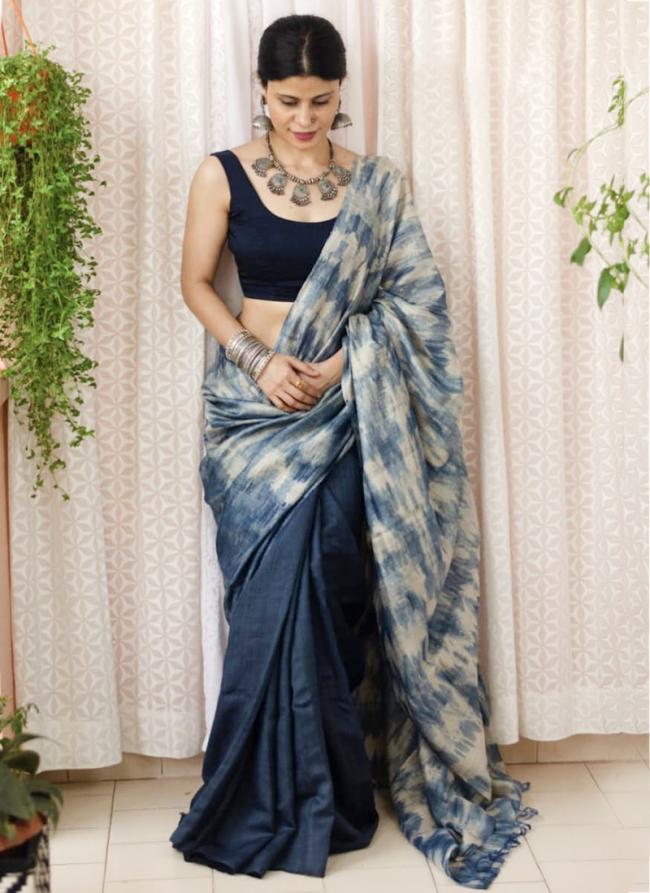 Sea Blue Imported cotton Party Wear Digital printed Saree