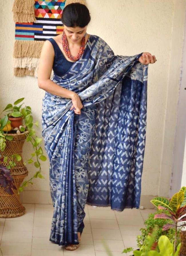 Sky Blue Imported cotton Party Wear Digital printed Saree