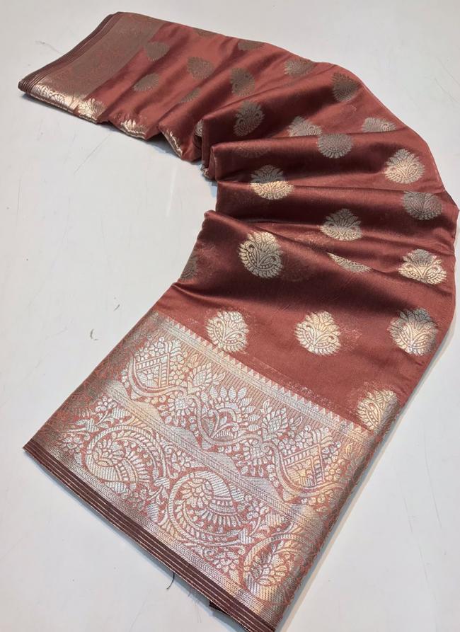 Brown Organza Silk Party Wear Zari Work  Saree