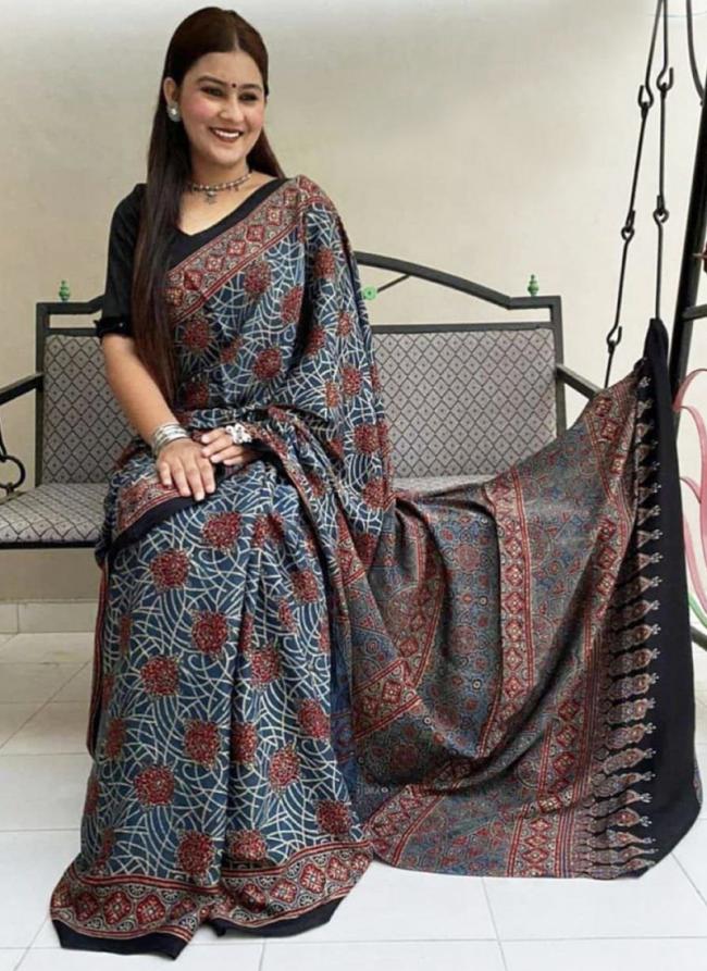 Sea Blue Cotton Casual Wear Digital Printed  Saree