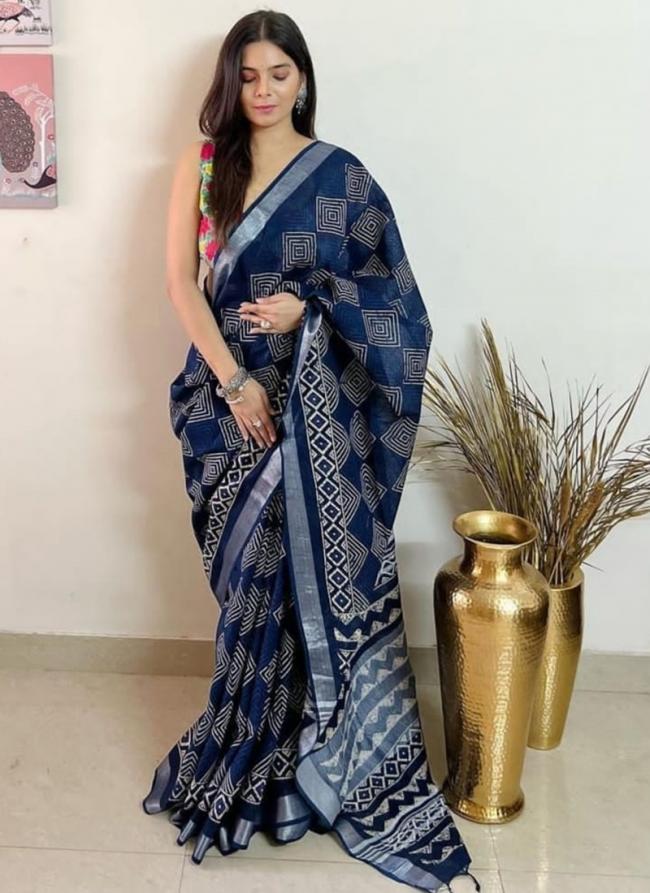 Blue Linen Party Wear Digital Printed Saree