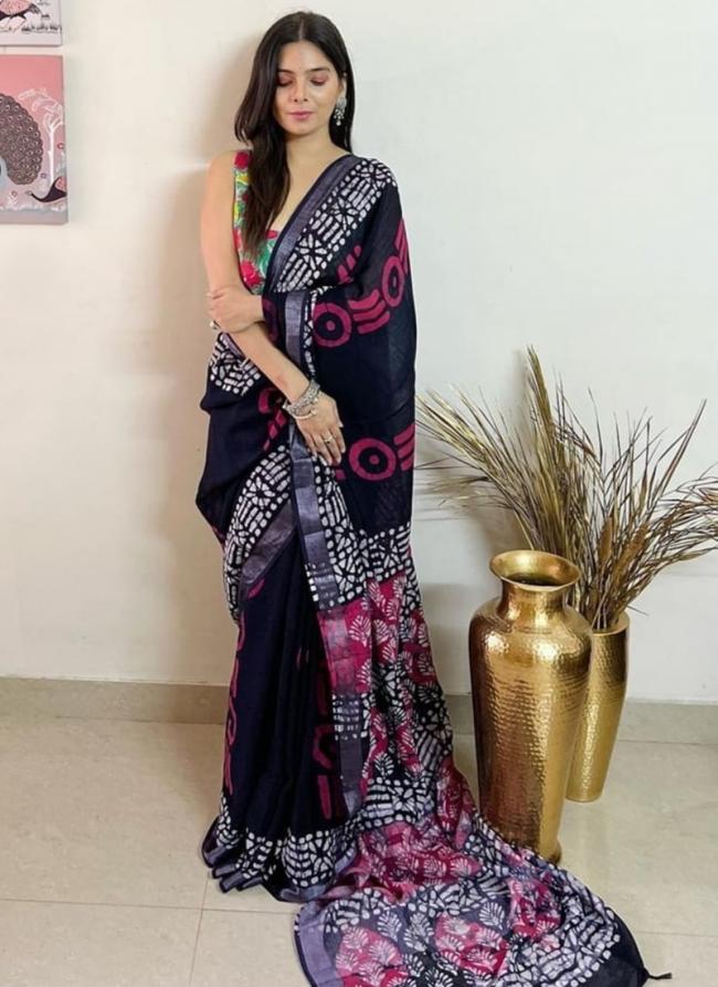 Dark Blue Linen Party Wear Digital Printed Saree