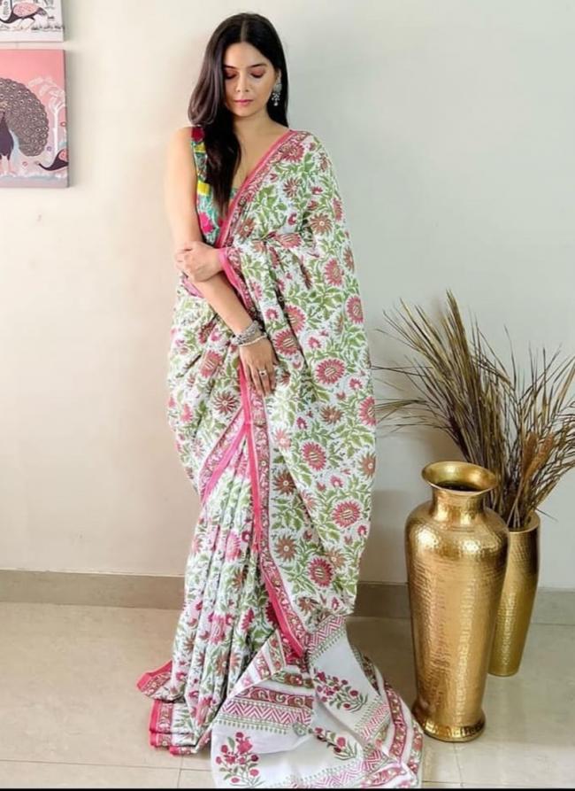 White Linen Party Wear Digital Printed Saree