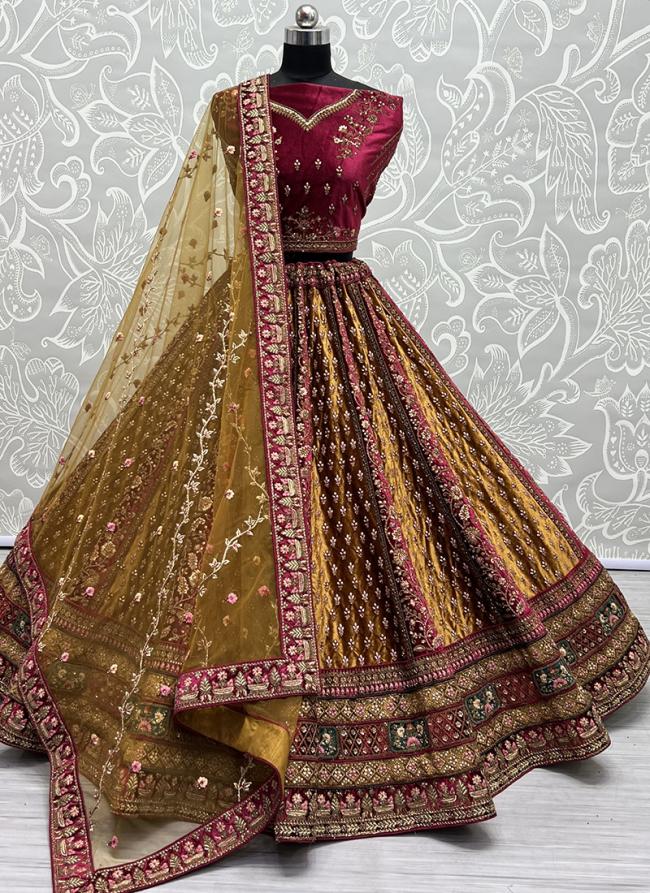 Mustard Velvet Wedding Wear Fourside Work Lehenga Choli