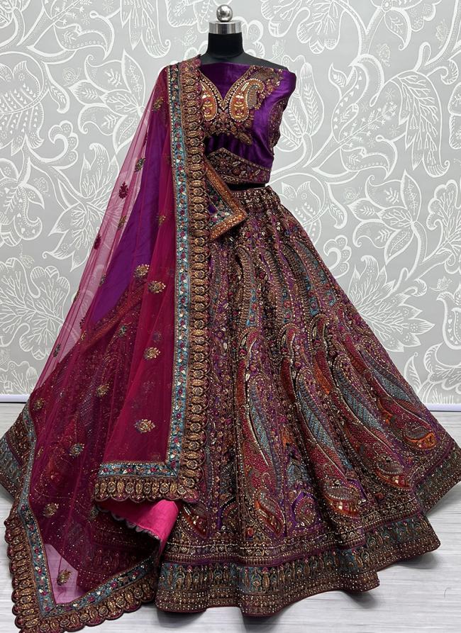 Purple Velvet Wedding Wear Fourside Work Lehenga Choli