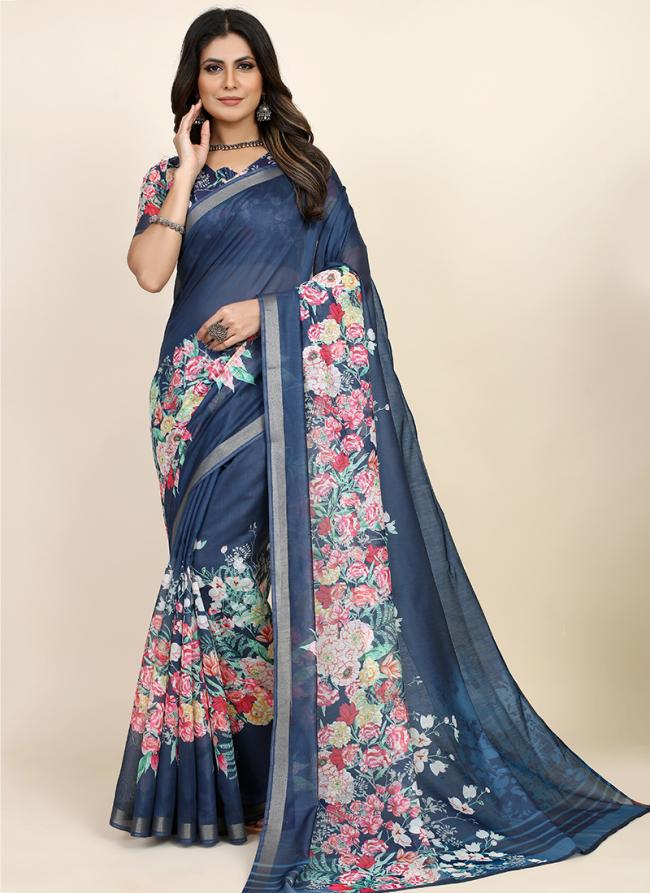 Blue Chanderi Cotton  Party Wear Digital Printed Saree