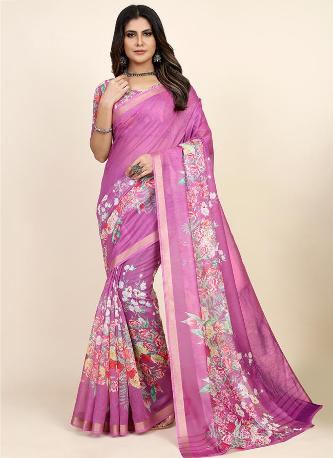 Light Pink Chanderi Cotton  Party Wear Digital Printed Saree