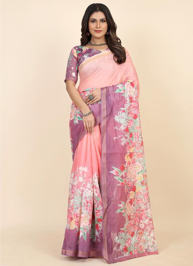 Pink Chanderi Cotton  Party Wear Digital Printed Saree