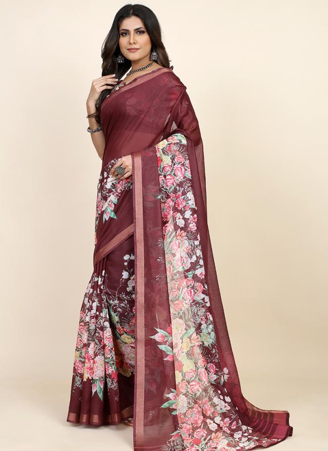 Red Chanderi Cotton  Party Wear Digital Printed Saree