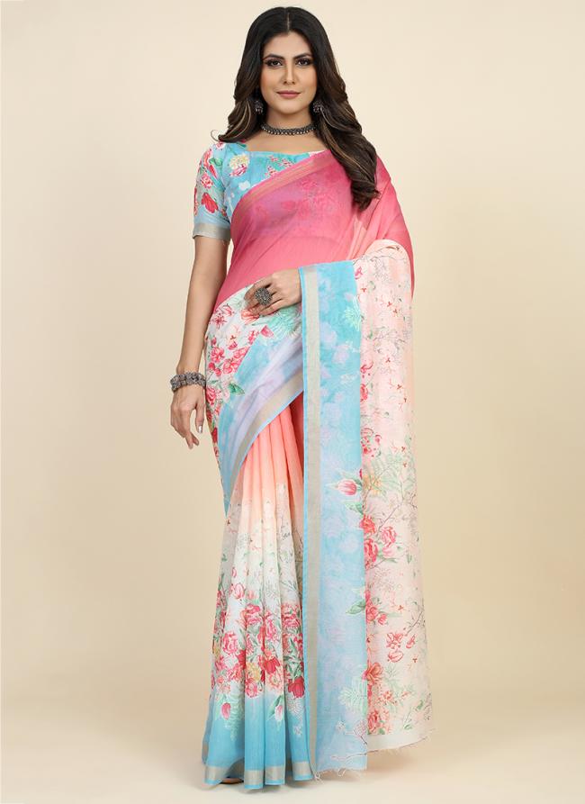 Sky Chanderi Cotton  Party Wear Digital Printed Saree