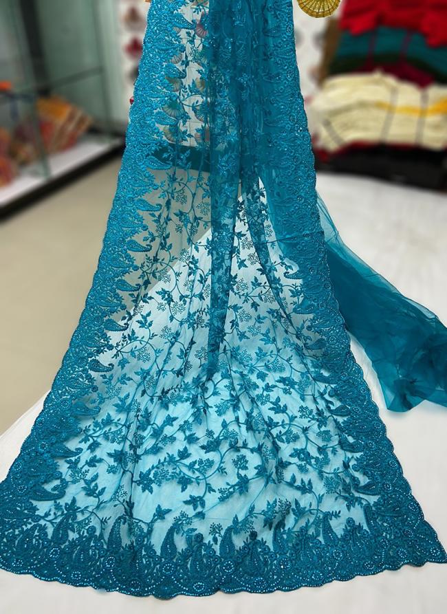 Sky Blue Net Party Wear Embroidery Work Saree