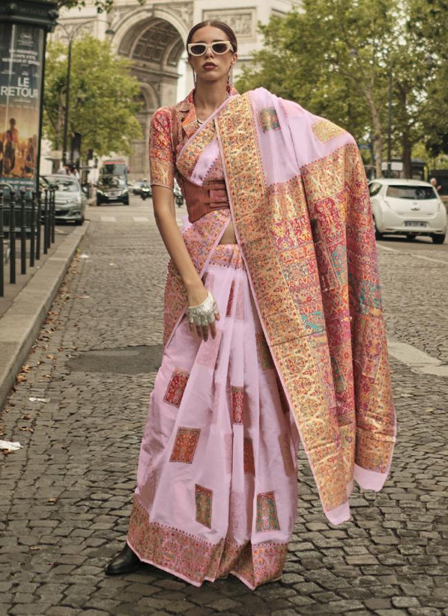 Light Pink Silk Festival Wear Weaving Saree