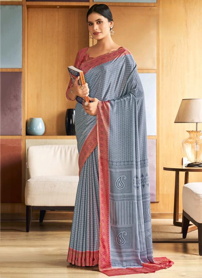 Grey Crepe Silk Festival Wear Printed Saree