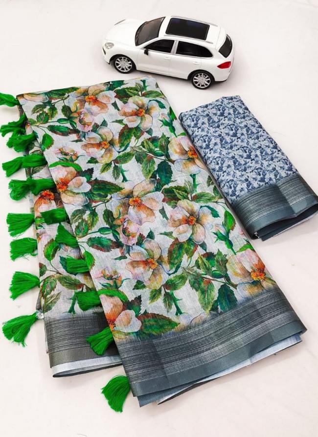 Green Linen Casual Wear Digital Printed Saree