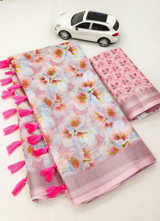 Light Pink Linen Casual Wear Digital Printed Saree