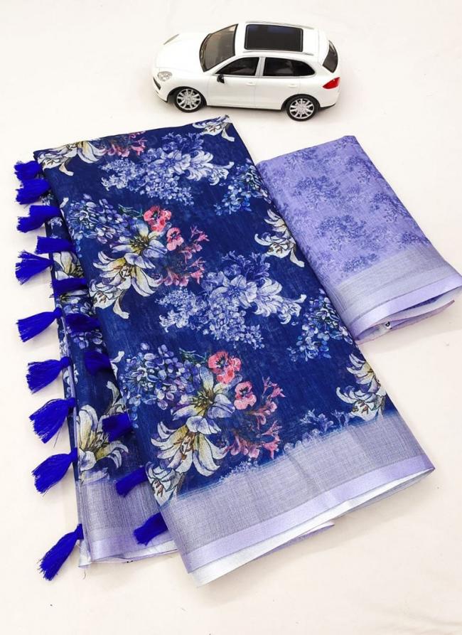 Navy Blue Linen Casual Wear Digital Printed Saree