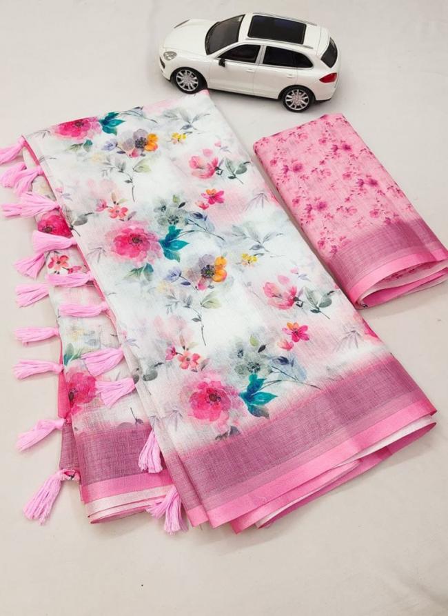 Pink Linen Casual Wear Digital Printed Saree