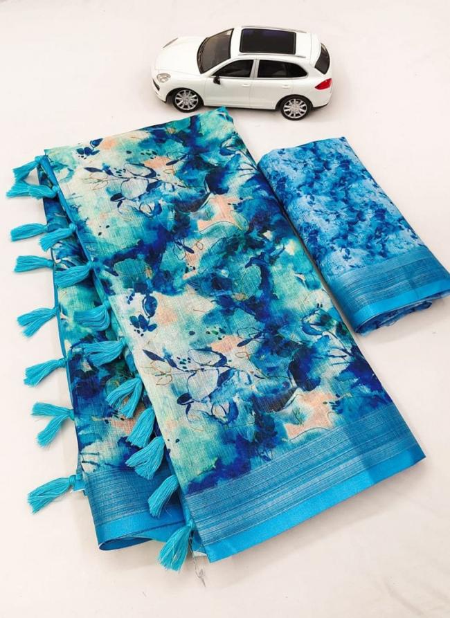 Sky Blue Linen Casual Wear Digital Printed Saree