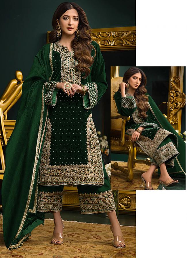 Bottle Green Viscose Velvet Festival Wear Embroidery Work Pakistani Suit