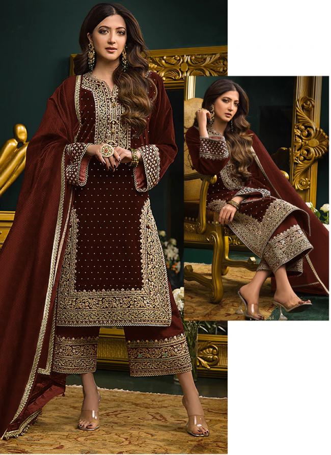 Maroon Viscose Velvet Festival Wear Embroidery Work Pakistani Suit