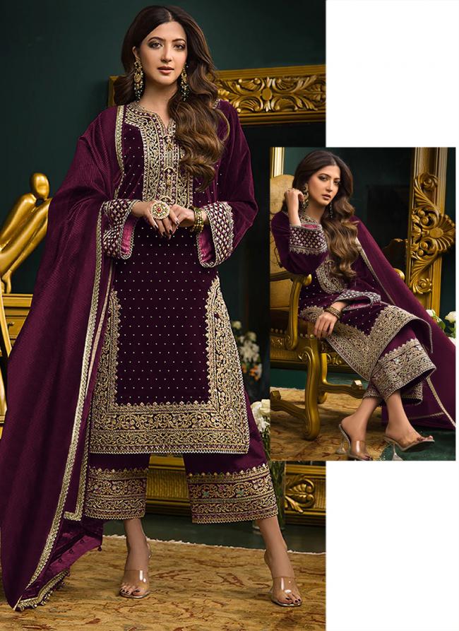 Wine Viscose Velvet Festival Wear Embroidery Work Pakistani Suit