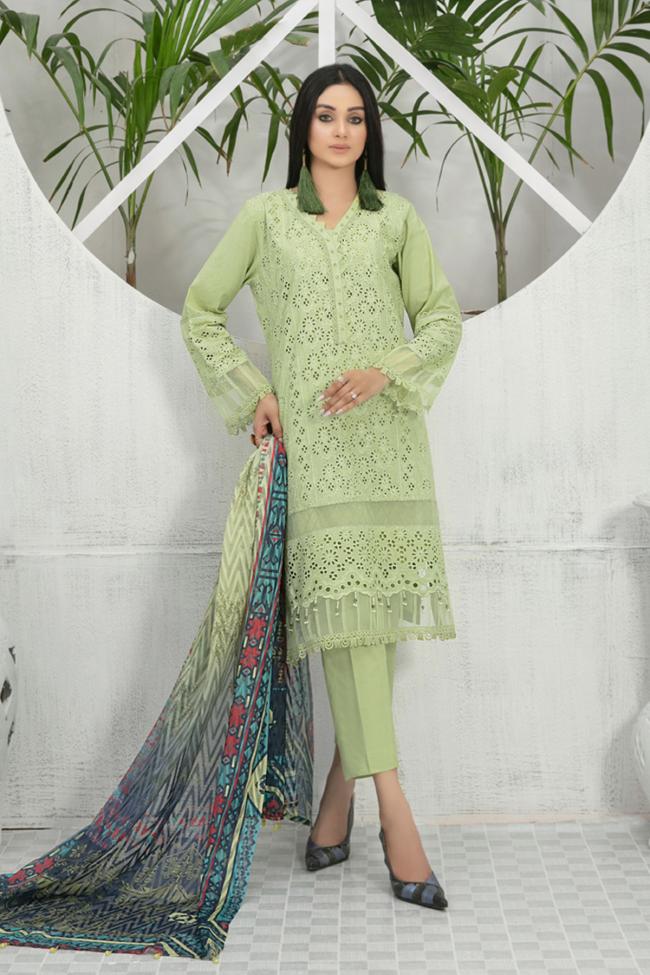 Pista Green Cotton Eid Wear Embroidery Work Pakistani Suit