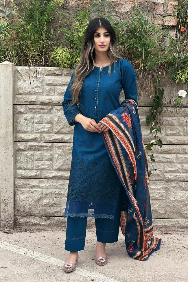 Blue Cotton Eid Wear Embroidery Work Pakistani Suit