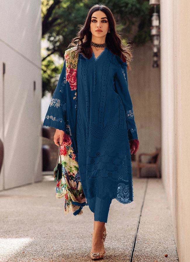 Blue Cotton Eid Wear Embroidery Work Pakistani Suit