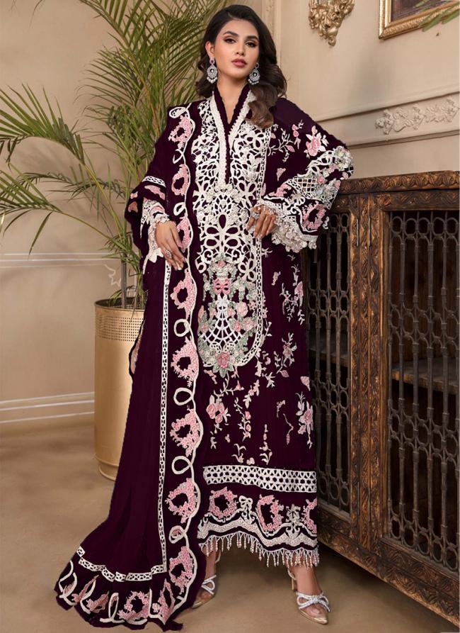 Wine Faux Georgette Eid Wear Embroidery Work Pakistani Suit