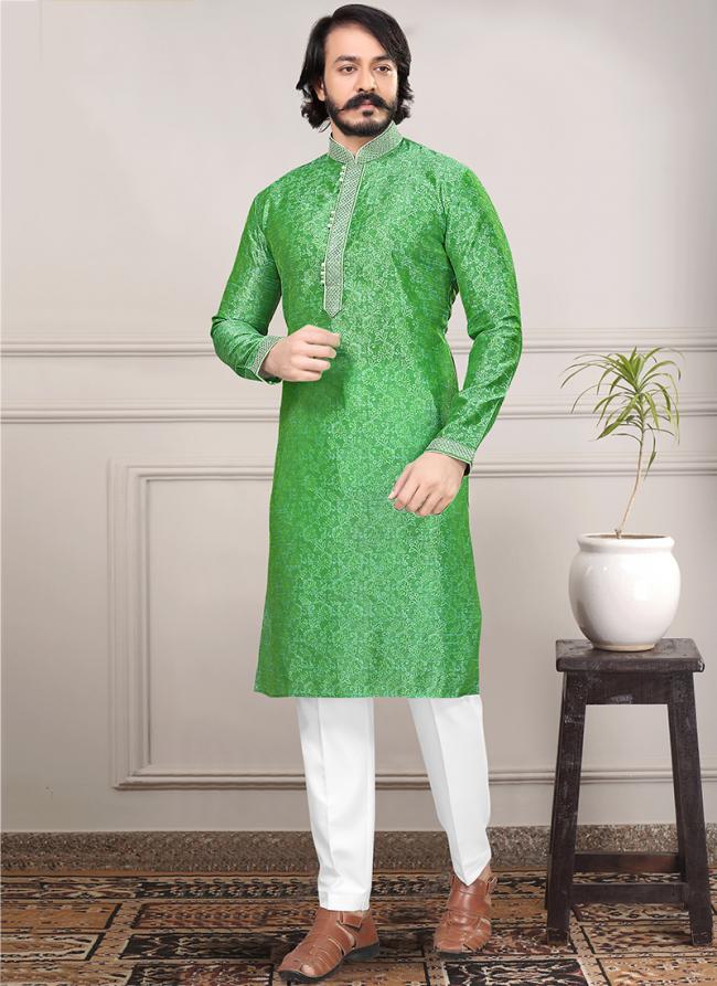 Green Pure Silk Festival Wear Jacquard Kurta Pajama
