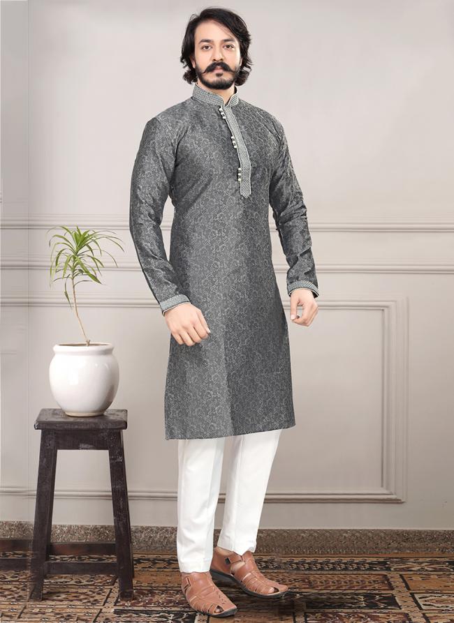 Grey Pure Silk Festival Wear Jacquard Kurta Pajama