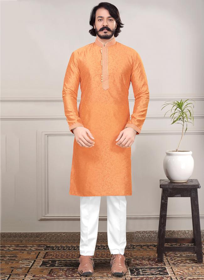Orange Pure Silk Festival Wear Jacquard Kurta Pajama