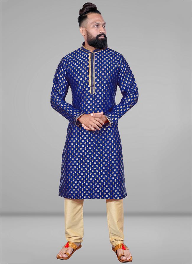Blue Pure Silk Traditional Wear Jacquard Kurta Pajama