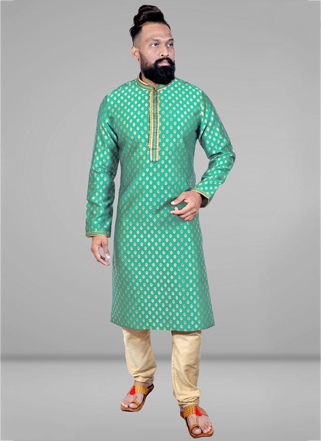 Green Pure Silk Traditional Wear Jacquard Kurta Pajama