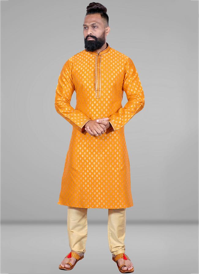Yellow Pure Silk Traditional Wear Jacquard Kurta Pajama