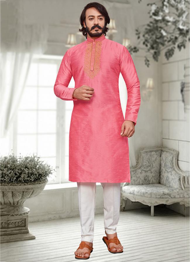 Pink Art Silk Festival Wear Embroidery Work Kurta Pajama