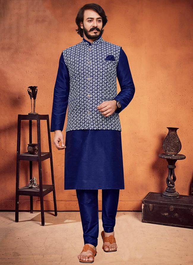 Blue Art Silk Traditional Wear Lucknowi Work Modi Jacket Kurta Pajama