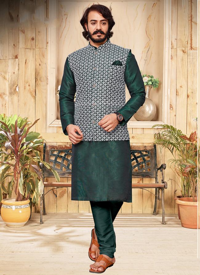 Green Art Silk Traditional Wear Lucknowi Work Modi Jacket Kurta Pajama